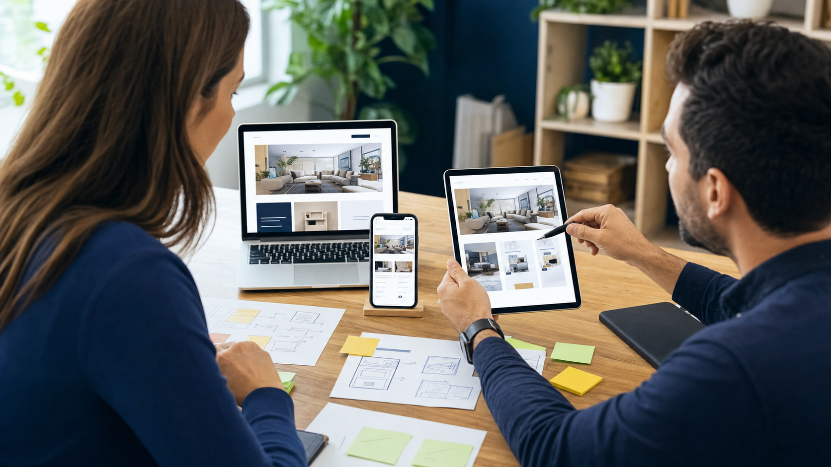 Website strategy session with responsive design mockups on multiple devices